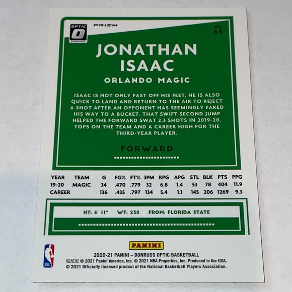 2020-21 JONATHAN ISAAC Magic Silver Prizm Donruss Optic Basketball Card #66 - Picture 2 of 2